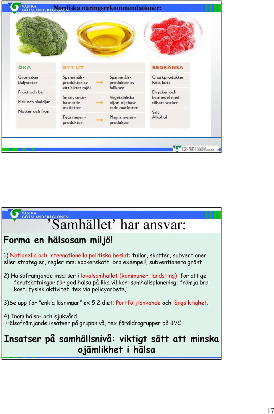 , subventionera grönt 2) Hälsofrämjande insatser i lokalsamhället (kommuner, landsting) för att ge förutsättningar för god hälsa på lika villkor: samhällsplanering;