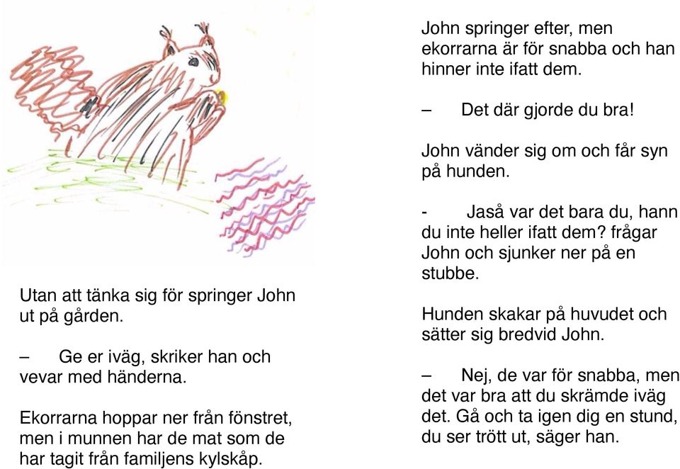 John springer efter, men ekorrarna är för snabba och han hinner inte ifatt dem. Det där gjorde du bra! John vänder sig om och får syn på hunden.