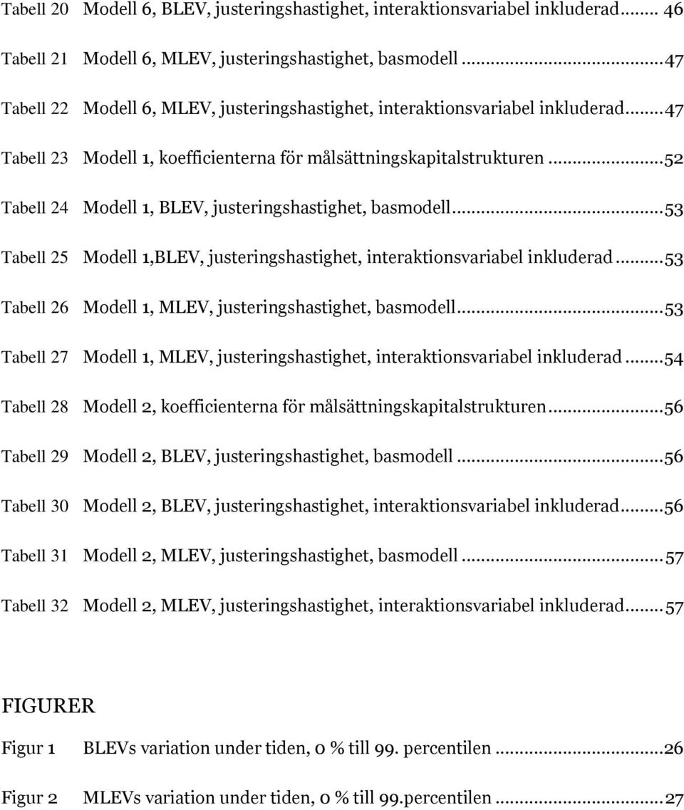 .. 52 Tabell 24 Modell 1, BLEV, justeringshastighet, basmodell... 53 Tabell 25 Modell 1,BLEV, justeringshastighet, interaktionsvariabel inkluderad.