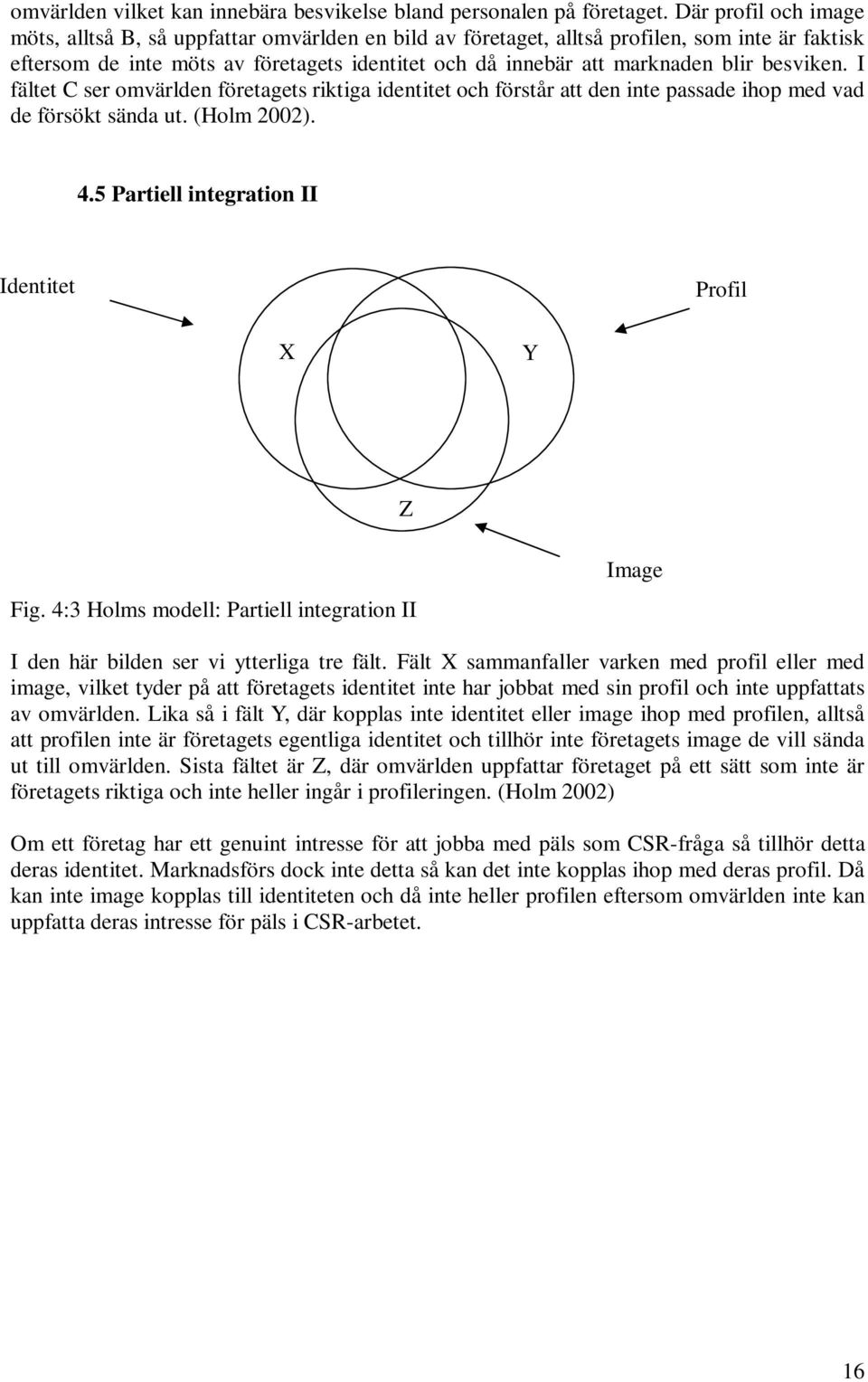 besviken. I fältet C ser omvärlden företagets riktiga identitet och förstår att den inte passade ihop med vad de försökt sända ut. (Holm 2002). 4.5 Partiell integration II Identitet Profil X Y Z Fig.