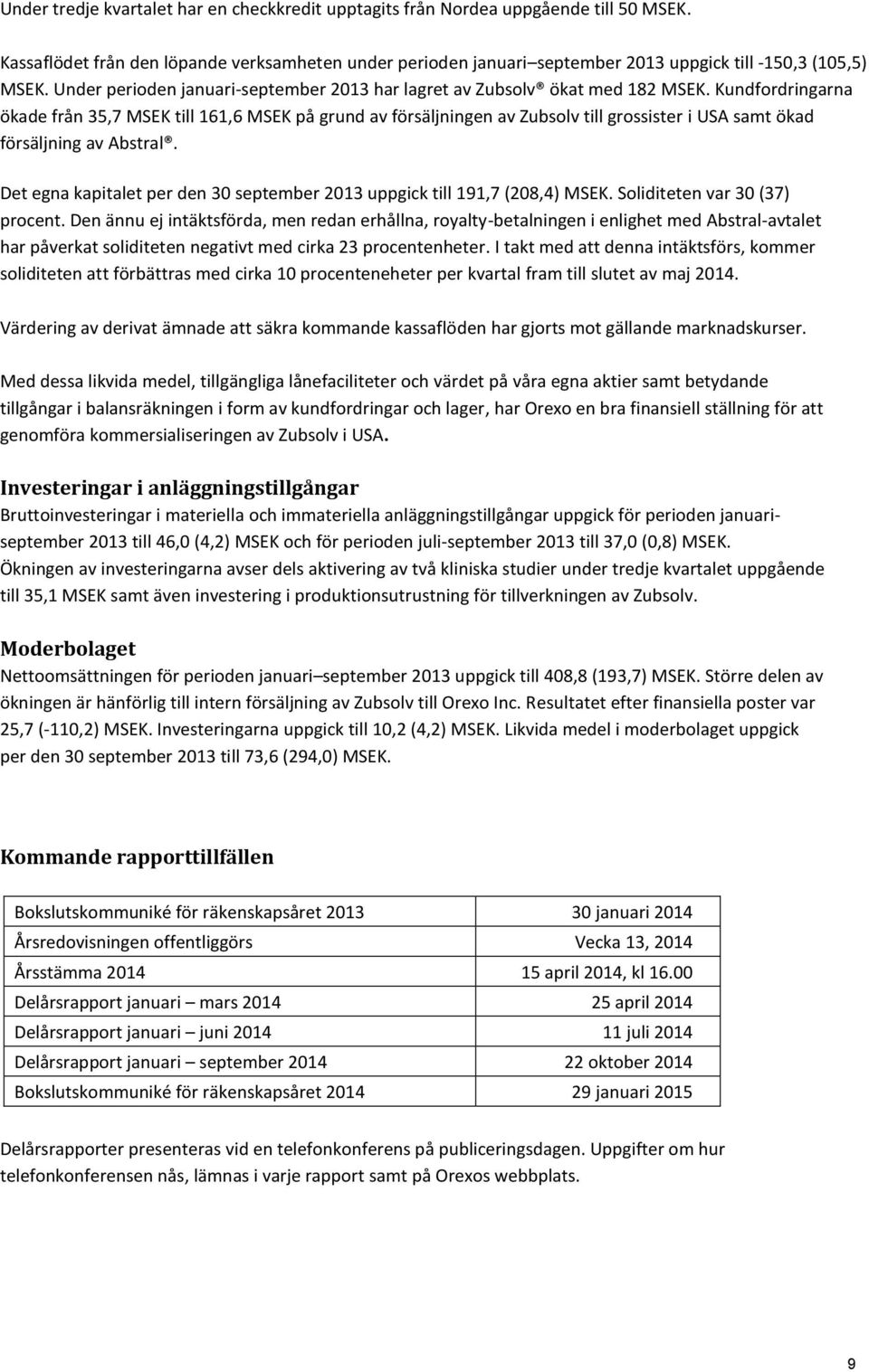 Kundfordringarna ökade från 35,7 MSEK till 161,6 MSEK på grund av försäljningen av Zubsolv till grossister i USA samt ökad försäljning av Abstral.