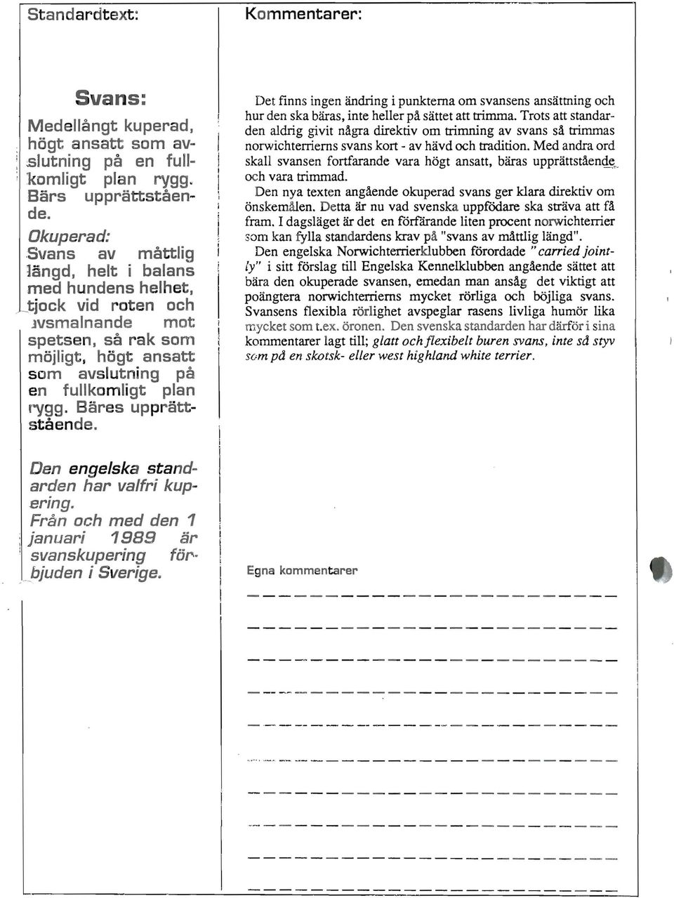 Bares upprattstående. Den enge/ska stand arden har va/fri kup er/ngo Från Dch med den 1 : januari 1989 ar : svanskupering for _bjuden i Sverige.