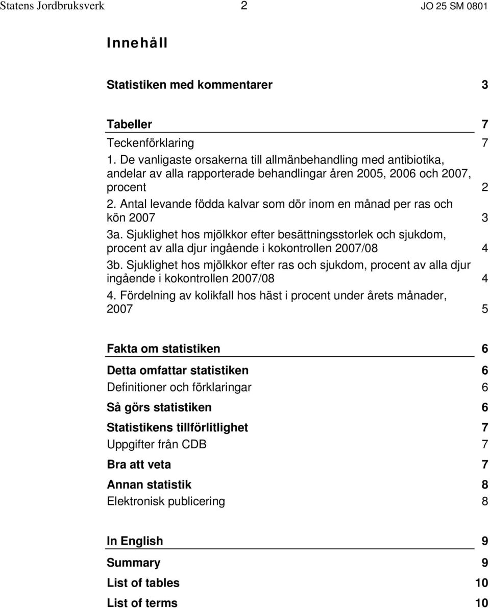 Antal levande födda kalvar som dör inom en månad per ras och kön 2007 3 3a. Sjuklighet hos mjölkkor efter besättningsstorlek och sjukdom, procent av alla djur ingående i kokontrollen 2007/08 4 3b.