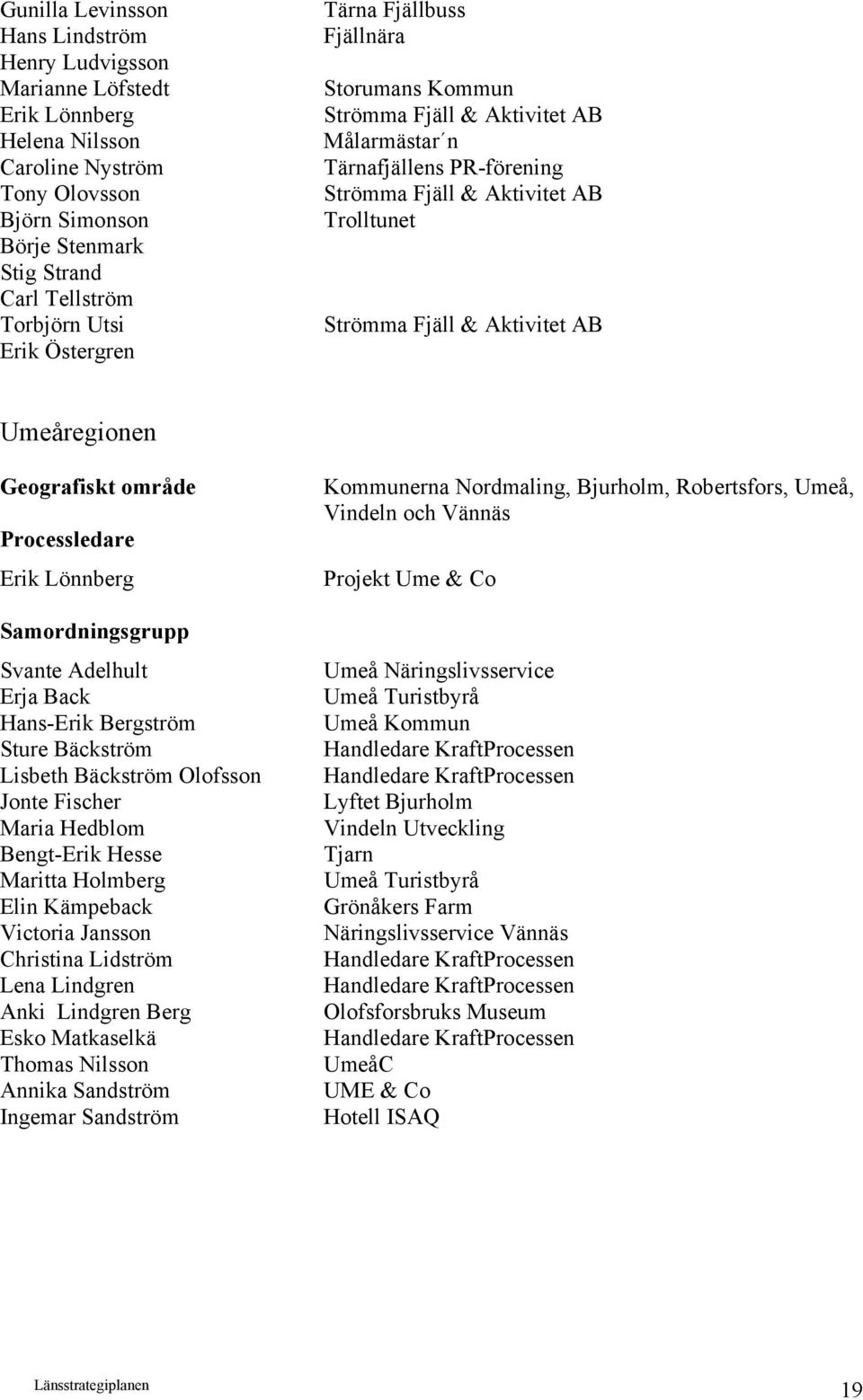 Umeåregionen Geografiskt område Processledare Erik Lönnberg Samordningsgrupp Svante Adelhult Erja Back Hans-Erik Bergström Sture Bäckström Lisbeth Bäckström Olofsson Jonte Fischer Maria Hedblom