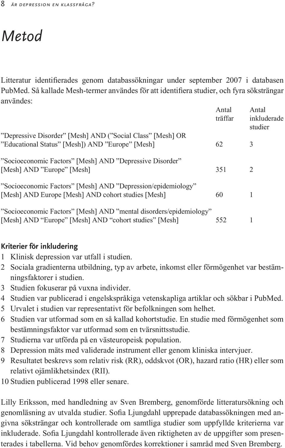 [Mesh] 62 3 Socioeconomic Factors [Mesh] AND Depressive Disorder [Mesh] AND Europe [Mesh] 351 2 Socioeconomic Factors [Mesh] AND Depression/epidemiology [Mesh] AND Europe [Mesh] AND cohort studies