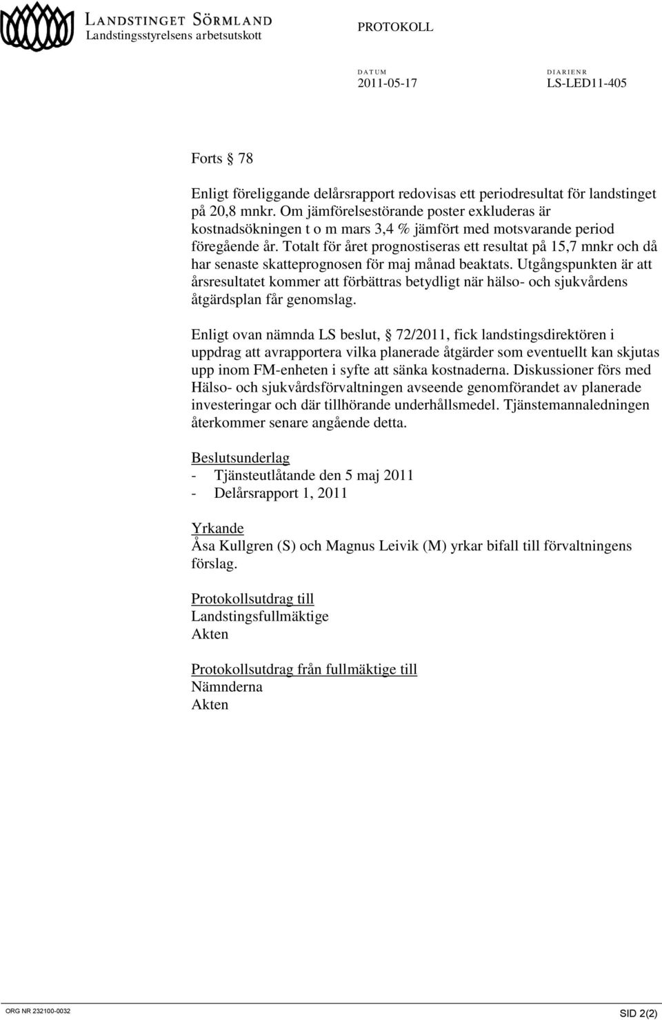 Totalt för året prognostiseras ett resultat på 15,7 mnkr och då har senaste skatteprognosen för maj månad beaktats.