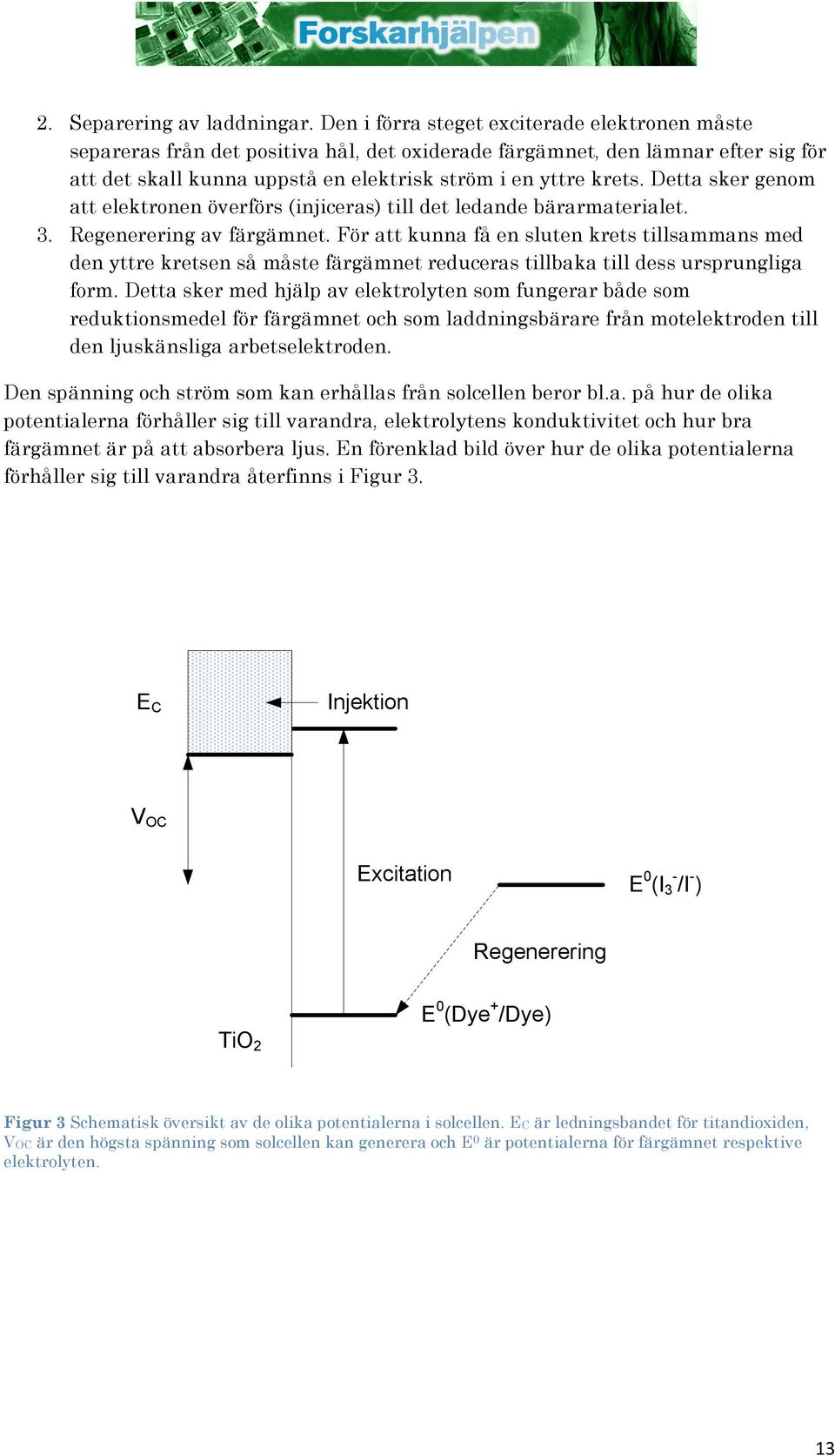 Detta sker genom att elektronen överförs (injiceras) till det ledande bärarmaterialet. 3. Regenerering av färgämnet.