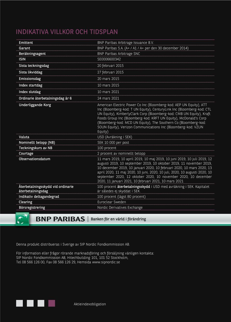 teckningsdag 20 februari 2015 Sista likviddag 27 februari 2015 Emissionsdag 20 mars 2015 Index startdag 10 mars 2015 Index slutdag 10 mars 2021 Ordinarie återbetalningsdag år 6 24 mars 2021