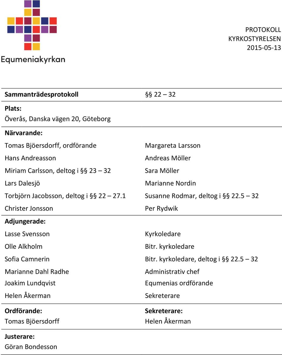 5 32 Christer Jonsson Per Rydwik Adjungerade: Lasse Svensson Olle Alkholm Kyrkoledare Bitr. kyrkoledare Sofia Camnerin Bitr. kyrkoledare, deltog i 22.