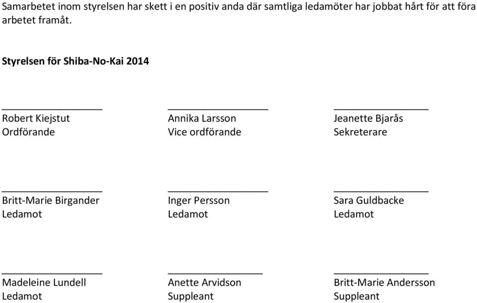 Styrelsen för Shiba-No-Kai 2014 Robert Kiejstut Annika Larsson Jeanette Bjarås Ordförande Vice