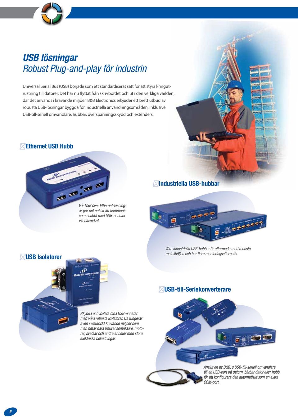 B&B Electronics erbjuder ett brett utbud av robusta USB-lösningar byggda för industriella användningsområden, inklusive USB-till-seriell omvandlare, hubbar, överspänningsskydd och extenders.