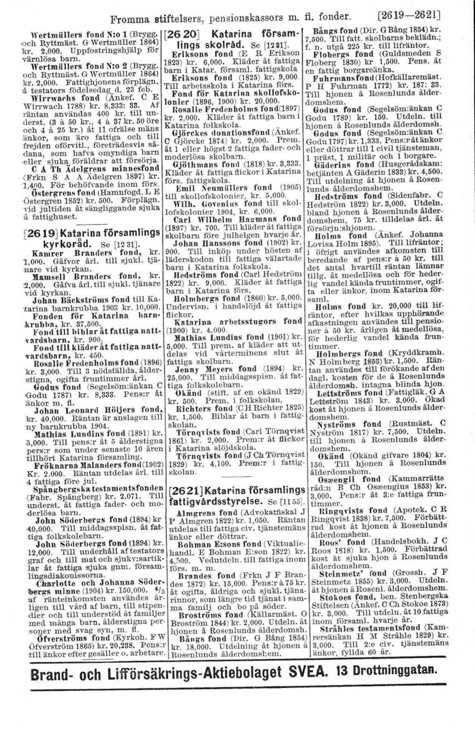 ' R Erikson Flobergs fond (Guldsmeden S Wertmiillers fond N:o 2 (Brygg. 1823) kr. 6,000.. KIader åt. fattige Floberg 1830)kr 1,500. Pens. åt och Ryttmäst. G Wertmiiller 1864) barn., Katar. församl.