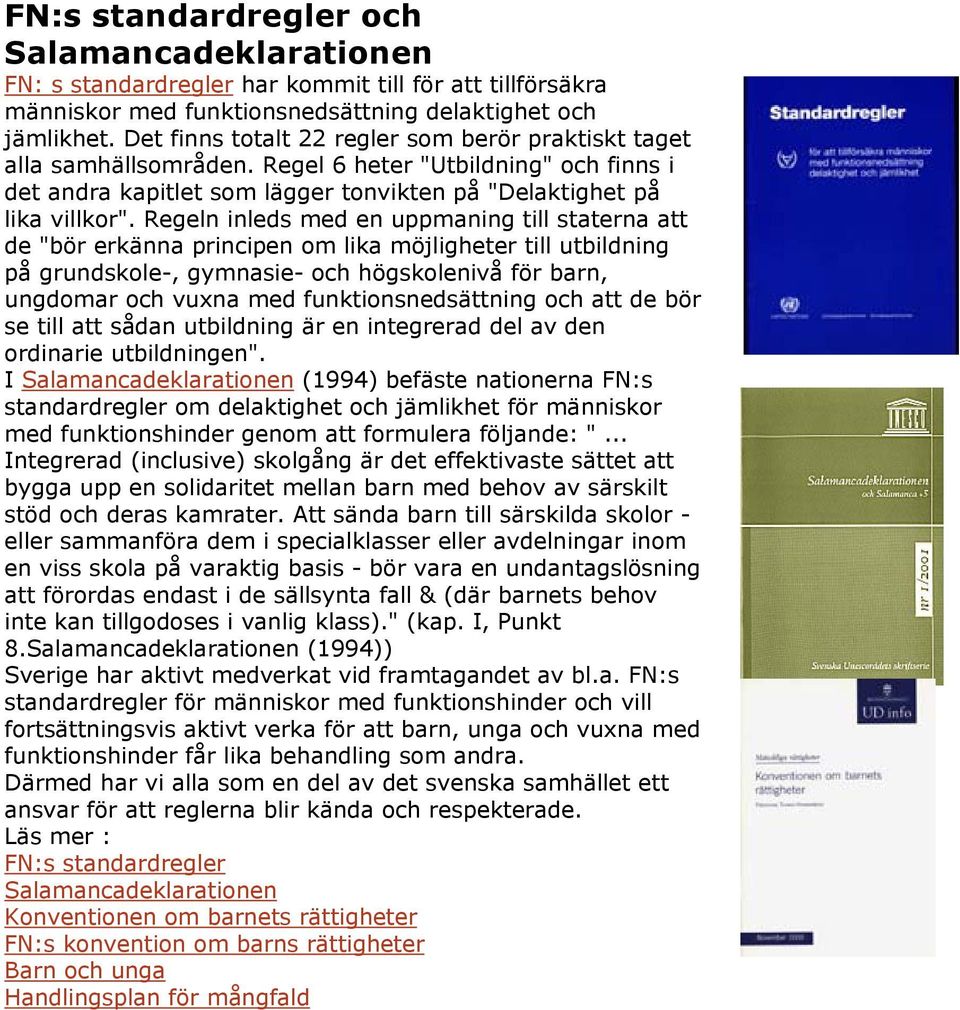 Regeln inleds med en uppmaning till staterna att de "bör erkänna principen om lika möjligheter till utbildning på grundskole-, gymnasie- och högskolenivå för barn, ungdomar och vuxna med