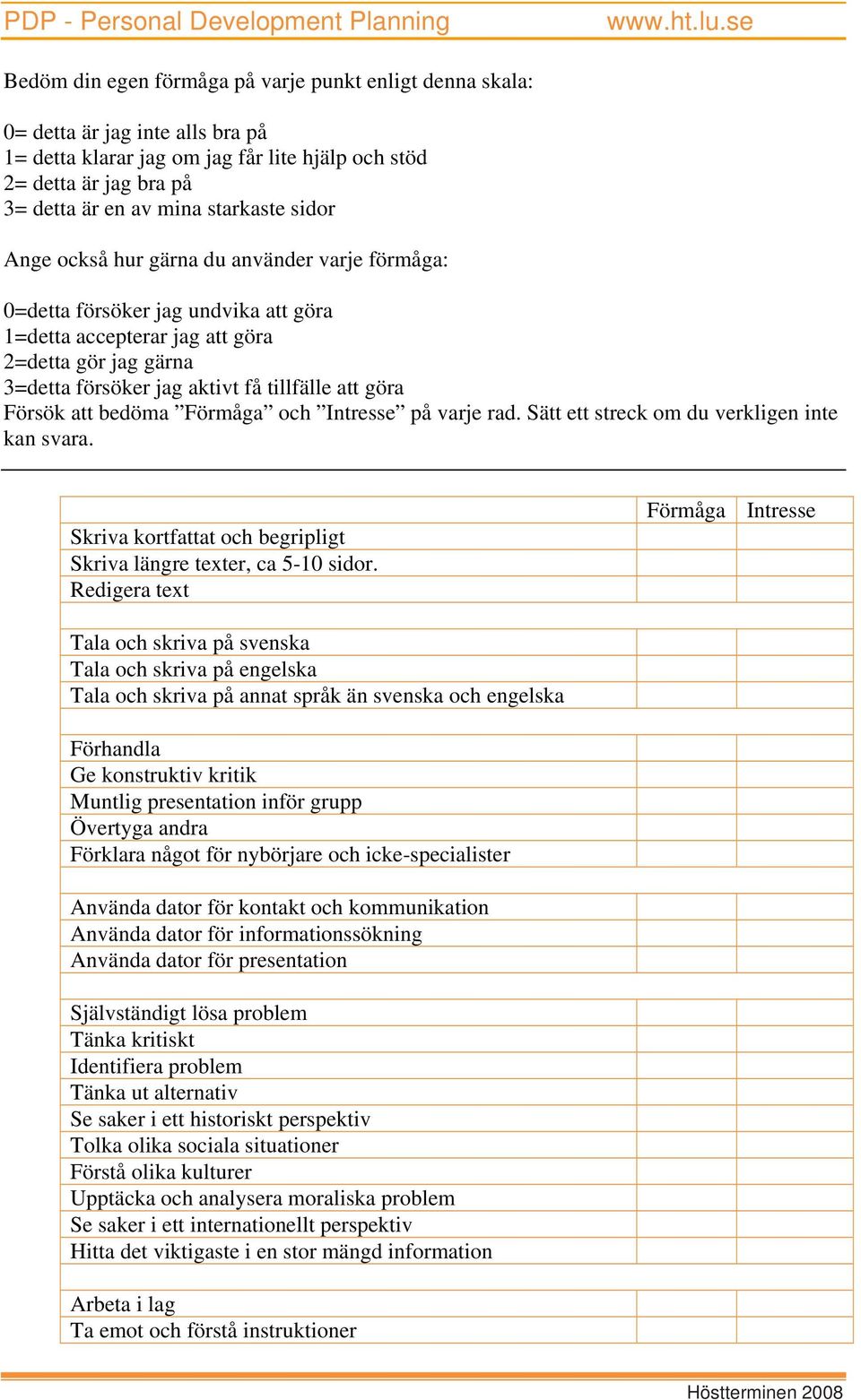 Försök att bedöma Förmåga och Intresse på varje rad. Sätt ett streck om du verkligen inte kan svara. Skriva kortfattat och begripligt Skriva längre texter, ca 5-10 sidor.