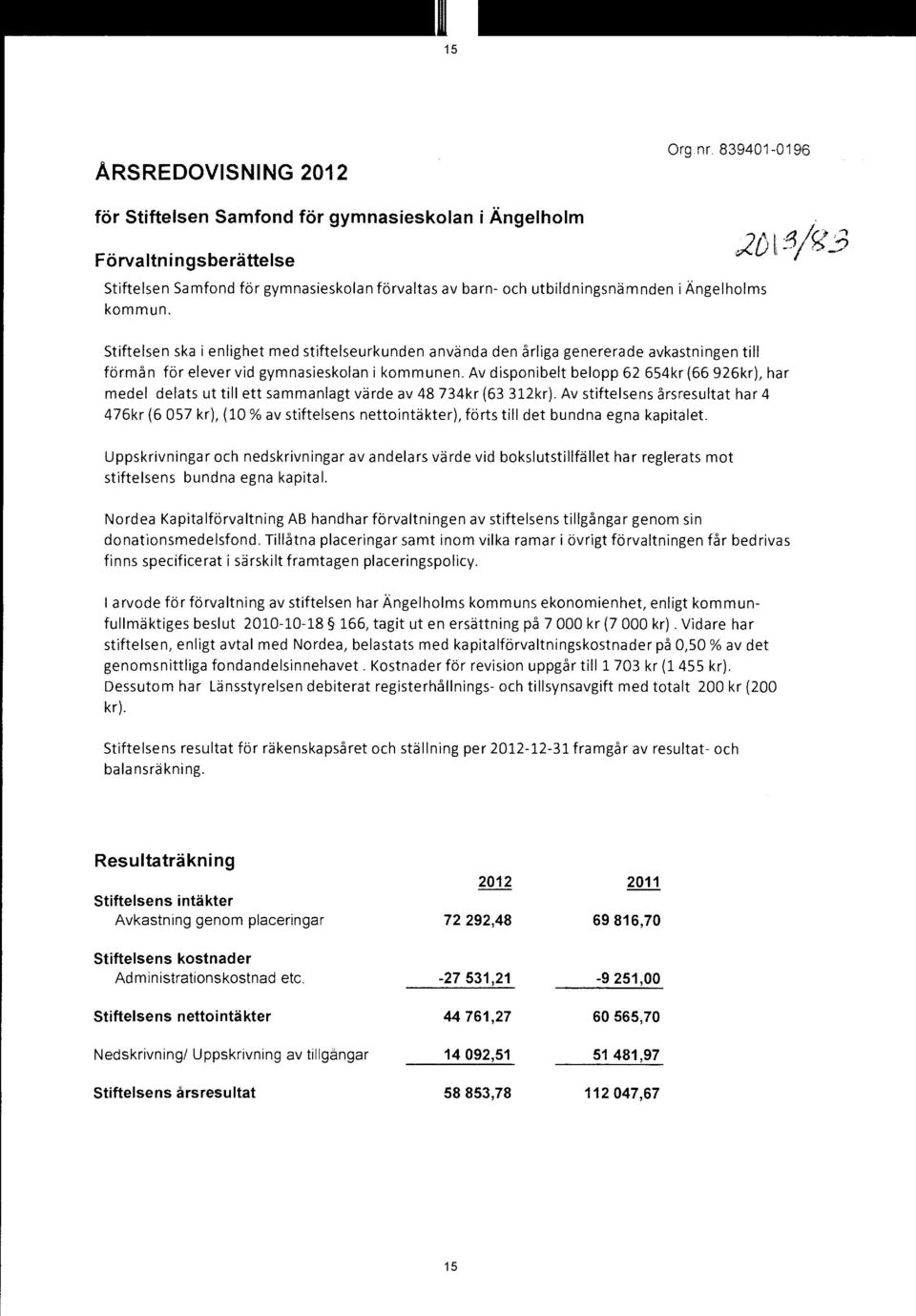 Stiftelsen ska i enlighet med stiftelseurkunden använda den årliga genererade avkastningen till förmån för elever vid gymnasieskolan i kommunen.