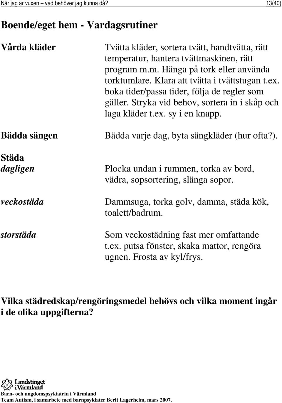 Stryka vid behov, sortera in i skåp och laga kläder t.ex. sy i en knapp. Bädda varje dag, byta sängkläder (hur ofta?). Plocka undan i rummen, torka av bord, vädra, sopsortering, slänga sopor.