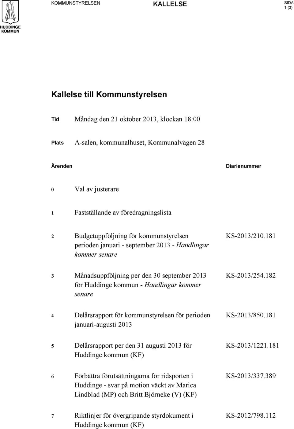 181 3 Månadsuppföljning per den 30 september 2013 för Huddinge kommun - Handlingar kommer senare KS-2013/254.182 4 Delårsrapport för kommunstyrelsen för perioden januari-augusti 2013 KS-2013/850.