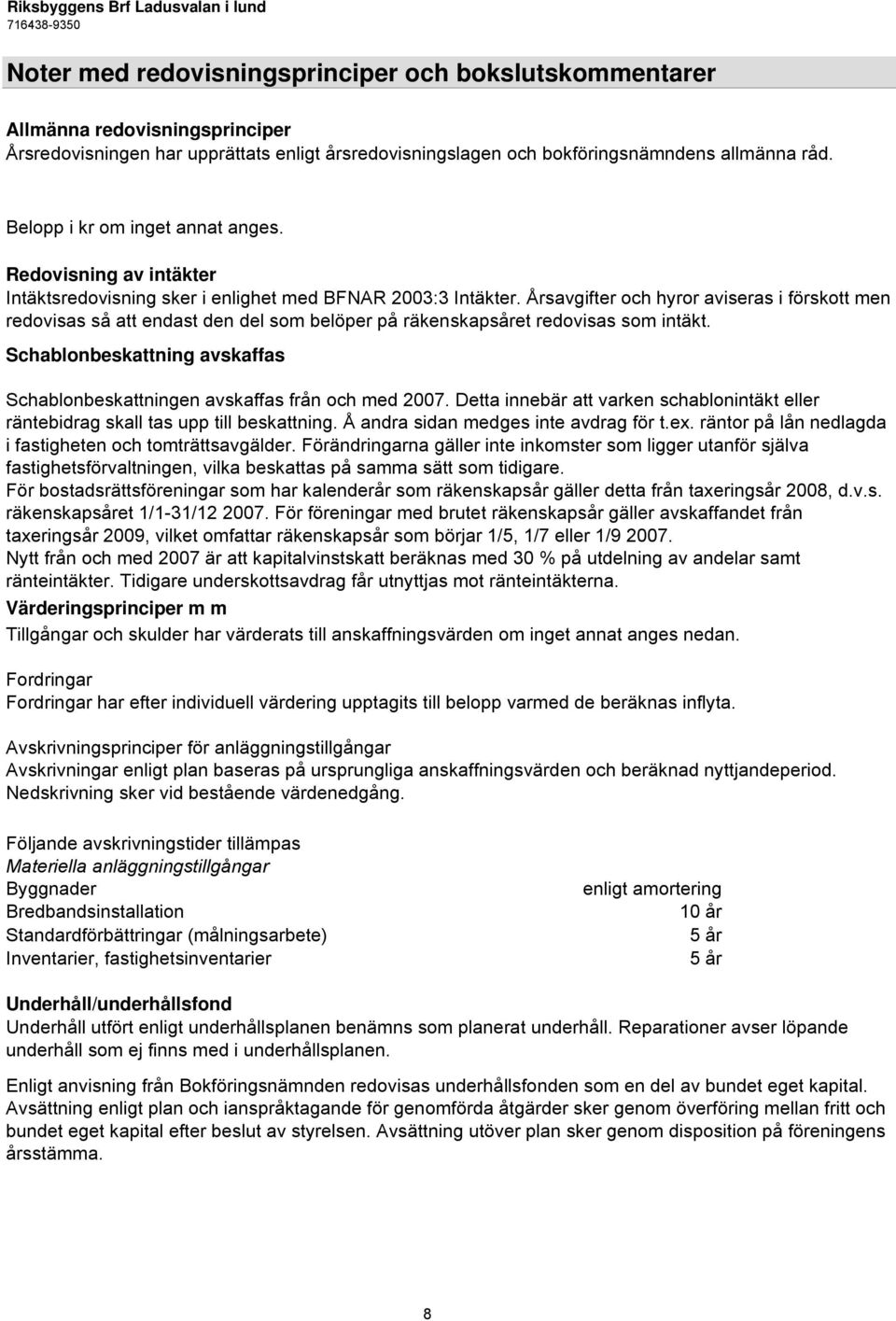 Årsavgifter och hyror aviseras i förskott men redovisas så att endast den del som belöper på räkenskapsåret redovisas som intäkt.