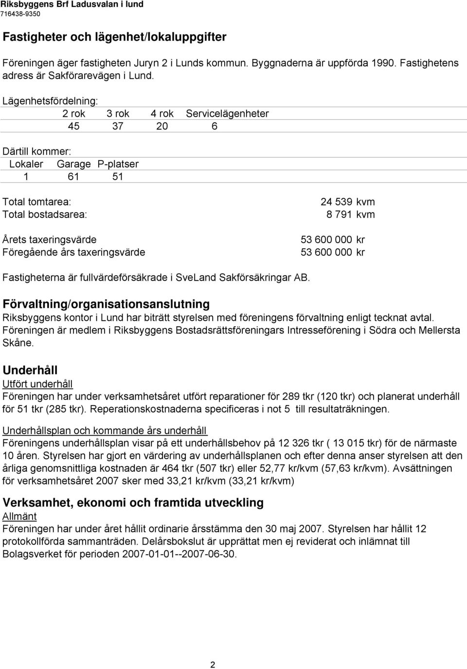 taxeringsvärde 24 539 kvm 8 791 kvm 53 600 000 kr 53 600 000 kr Fastigheterna är fullvärdeförsäkrade i SveLand Sakförsäkringar AB.