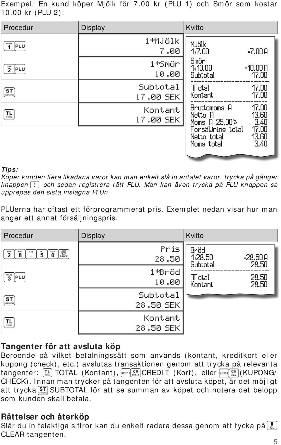 60 Moms total 3.40 Tips: Köper kunden flera likadana varor kan man enkelt slå in antalet varor, trycka på gånger knappen och sedan registrera rätt PLU.