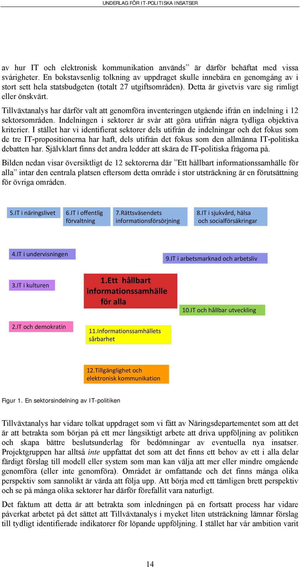 Tillväxtanalys har därför valt att genomföra inventeringen utgående ifrån en indelning i 12 sektorsområden. Indelningen i sektorer är svår att göra utifrån några tydliga objektiva kriterier.