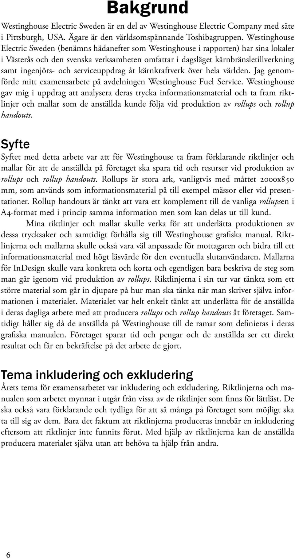 och serviceuppdrag åt kärnkraftverk över hela världen. Jag genomförde mitt examensarbete på avdelningen Westinghouse Fuel Service.