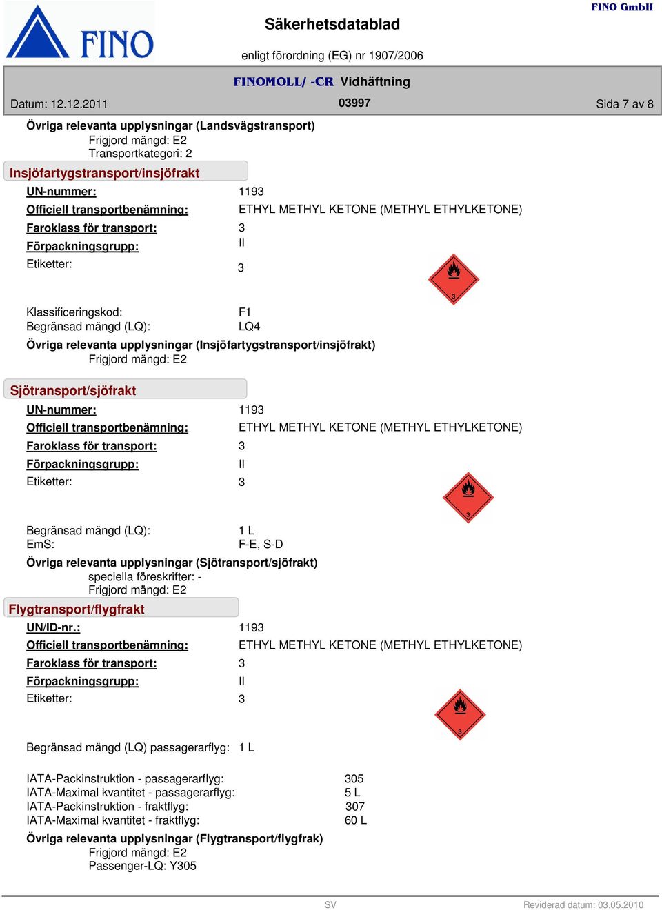 (Insjöfartygstransport/insjöfrakt) Frigjord mängd: E2 Sjötransport/sjöfrakt UN-nummer: Officiell transportbenämning: Faroklass för transport: Förpackningsgrupp: Etiketter: 119 ETHYL METHYL KETONE