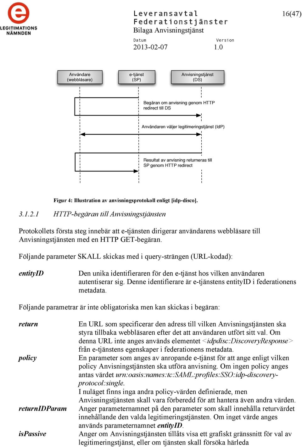 1 HTTP-begäran till Anvisningstjänsten Protokollets första steg innebär att e-tjänsten dirigerar användarens webbläsare till Anvisningstjänsten med en HTTP GET-begäran.