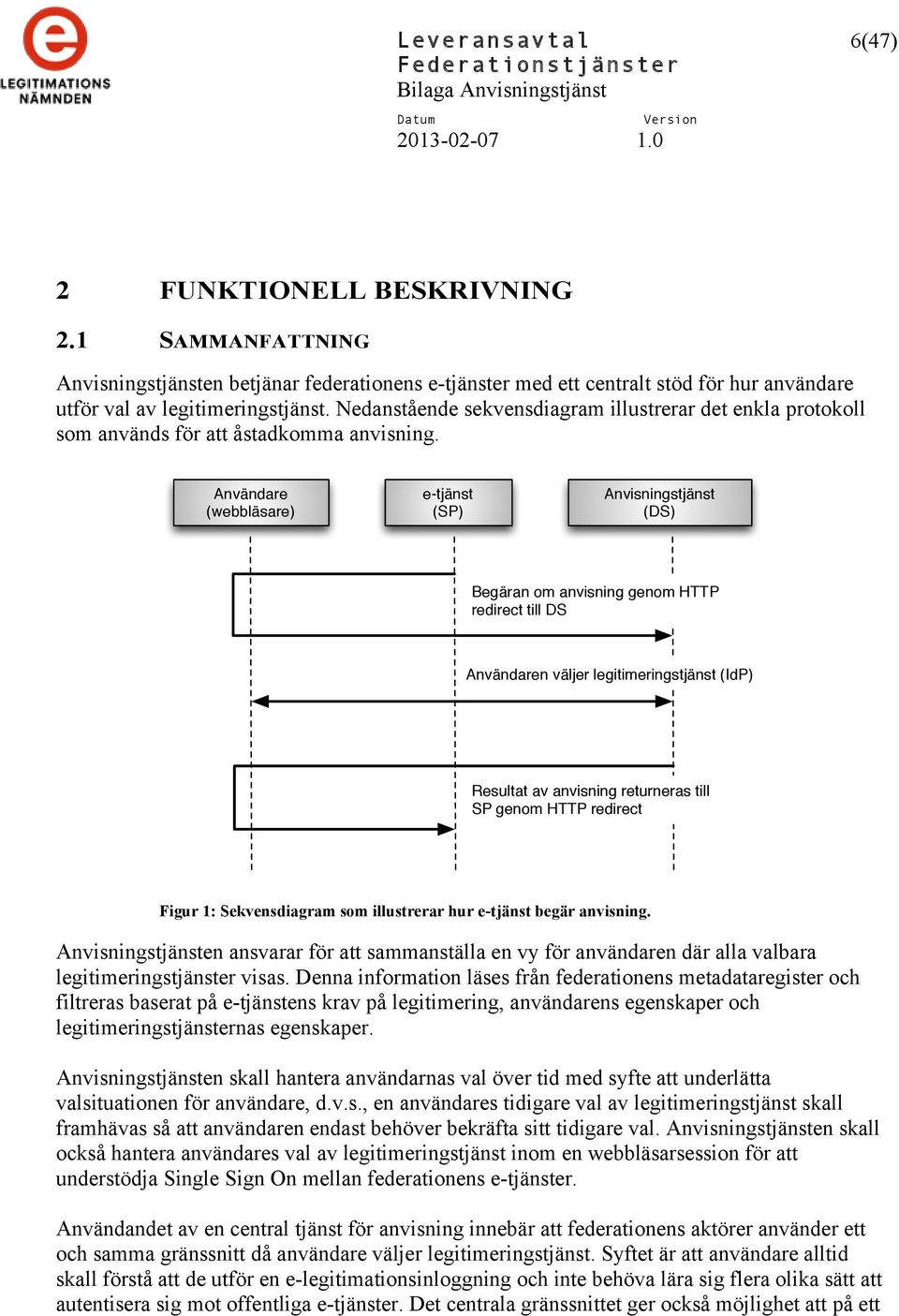 Användare (webbläsare) e-tjänst (SP) Anvisningstjänst (DS) Begäran om anvisning genom HTTP redirect till DS Användaren väljer legitimeringstjänst (IdP) Resultat av anvisning returneras till SP genom