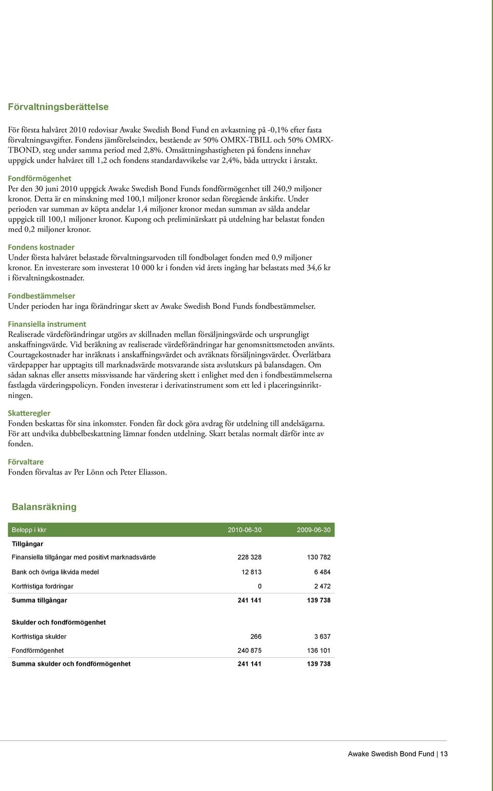 Omsättningshastigheten på fondens innehav uppgick under halvåret till 1,2 och fondens standardavvikelse var 2,4%, båda uttryckt i årstakt.