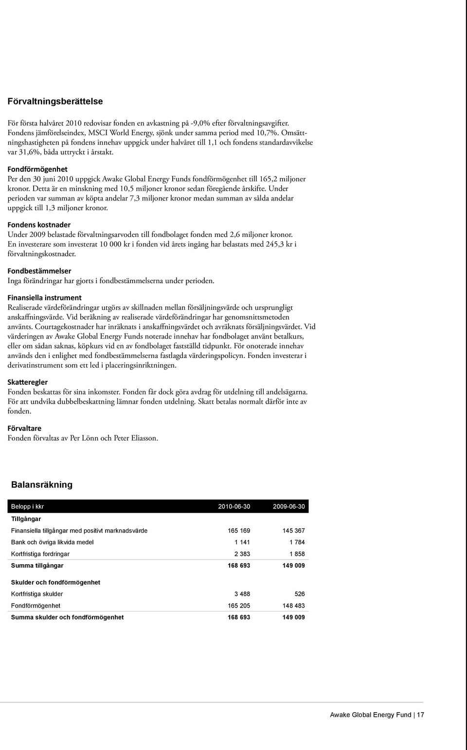 Fondförmögenhet Per den 30 juni 2010 uppgick Awake Global Energy Funds fondförmögenhet till 165,2 miljoner kronor. Detta är en minskning med 10,5 miljoner kronor sedan föregående årskifte.