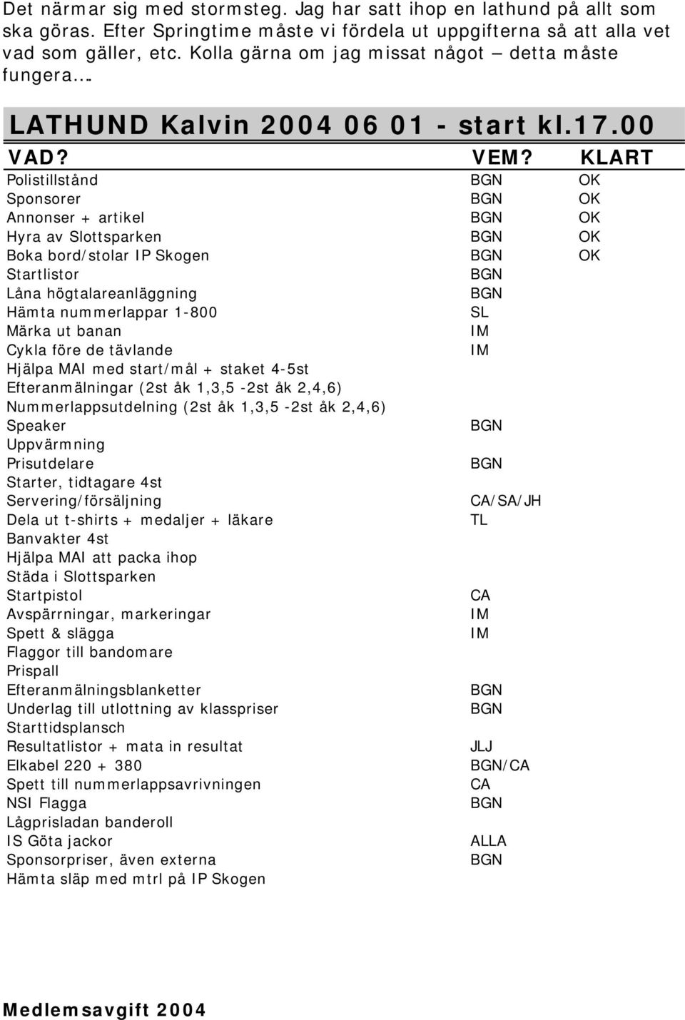 KLART Polistillstånd OK Sponsorer OK Annonser + artikel OK Hyra av Slottsparken OK Boka bord/stolar IP Skogen OK Startlistor Låna högtalareanläggning Hämta nummerlappar 1-800 SL Märka ut banan Cykla