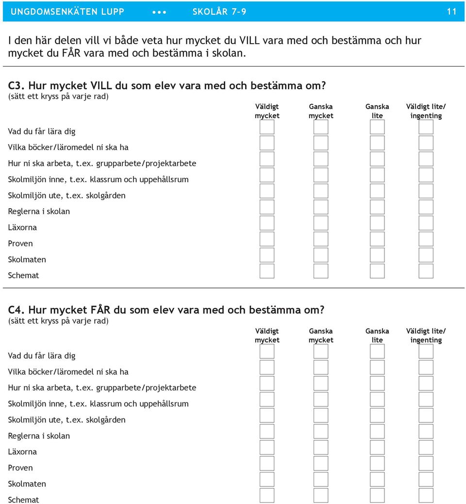 (sätt ett kryss på varje rad) Väldigt Ganska Ganska Väldigt lite/ mycket mycket lite ingenting Vad du får lära dig Vilka böcker/läromedel ni ska ha Hur ni ska arbeta, t.ex.