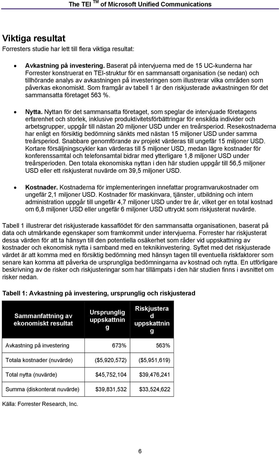 illustrerar vilka områden som påverkas ekonomiskt. Som framgår av tabell 1 är den riskjusterade avkastningen för det sammansatta företaget 563 %. Nytta.