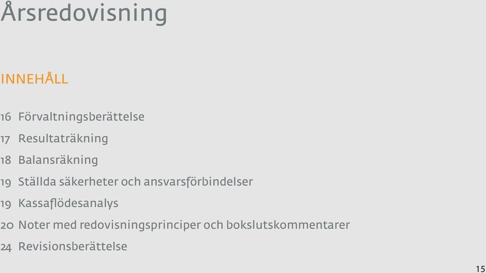 ansvarsförbindelser 19 Kassaflödesanalys 20 Noter med