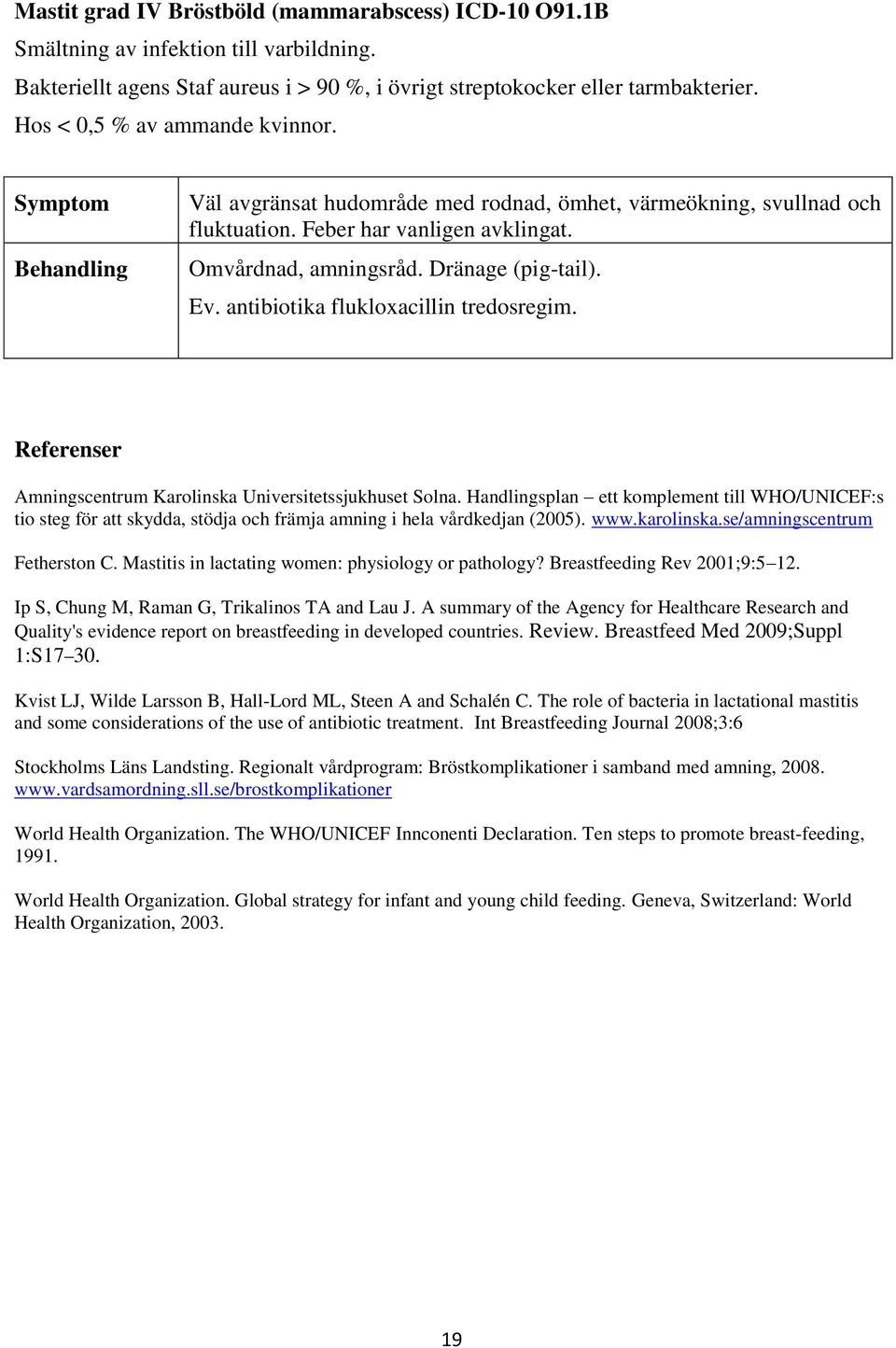 Dränage (pig-tail). Ev. antibiotika flukloxacillin tredosregim. Referenser Amningscentrum Karolinska Universitetssjukhuset Solna.