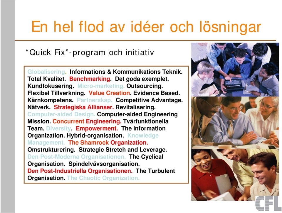 Computer-aided Design. Computer-aided Engineering Mission. Concurrent Engineering. Tvärfunktionella Team. Diversity. Empowerment. The Information Organization. Hybrid-organisation.