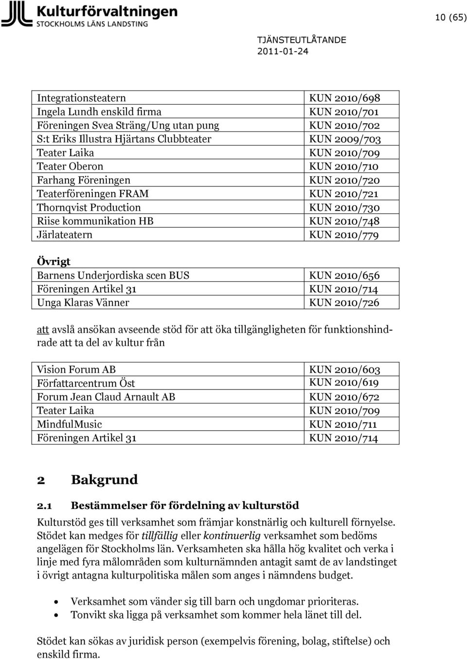 2010/779 Övrigt Barnens Underjordiska scen BUS KUN 2010/656 Föreningen Artikel 31 KUN 2010/714 Unga Klaras Vänner KUN 2010/726 att avslå ansökan avseende stöd för att öka tillgängligheten för