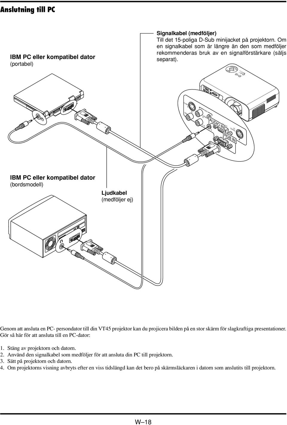 ON STAND BY SOURCE AUTO ADJUST VIDEO AUDIO CONTROL PC IBM PC eller kompatibel dator (bordsmodell) Ljudkabel (medföljer ej) Genom att ansluta en PC- persondator till din VT45 projektor kan du