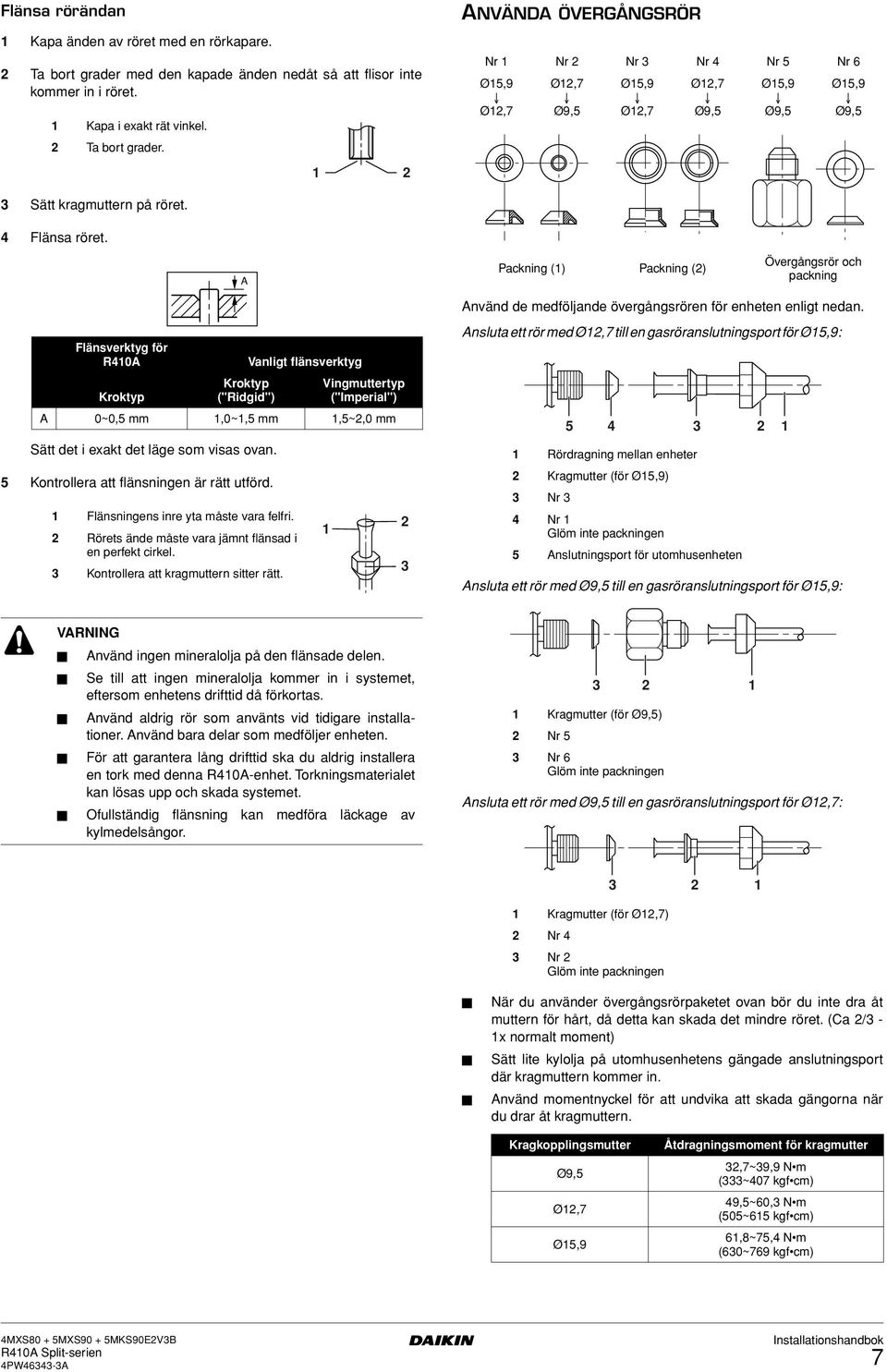 Kontrollera att flänsningen är rätt utförd. Vanligt flänsverktyg Kroktyp Vingmuttertyp Kroktyp ("Ridgid") ("Imperial") 0~0, mm,0~, mm,~,0 mm Flänsningens inre yta måste vara felfri.