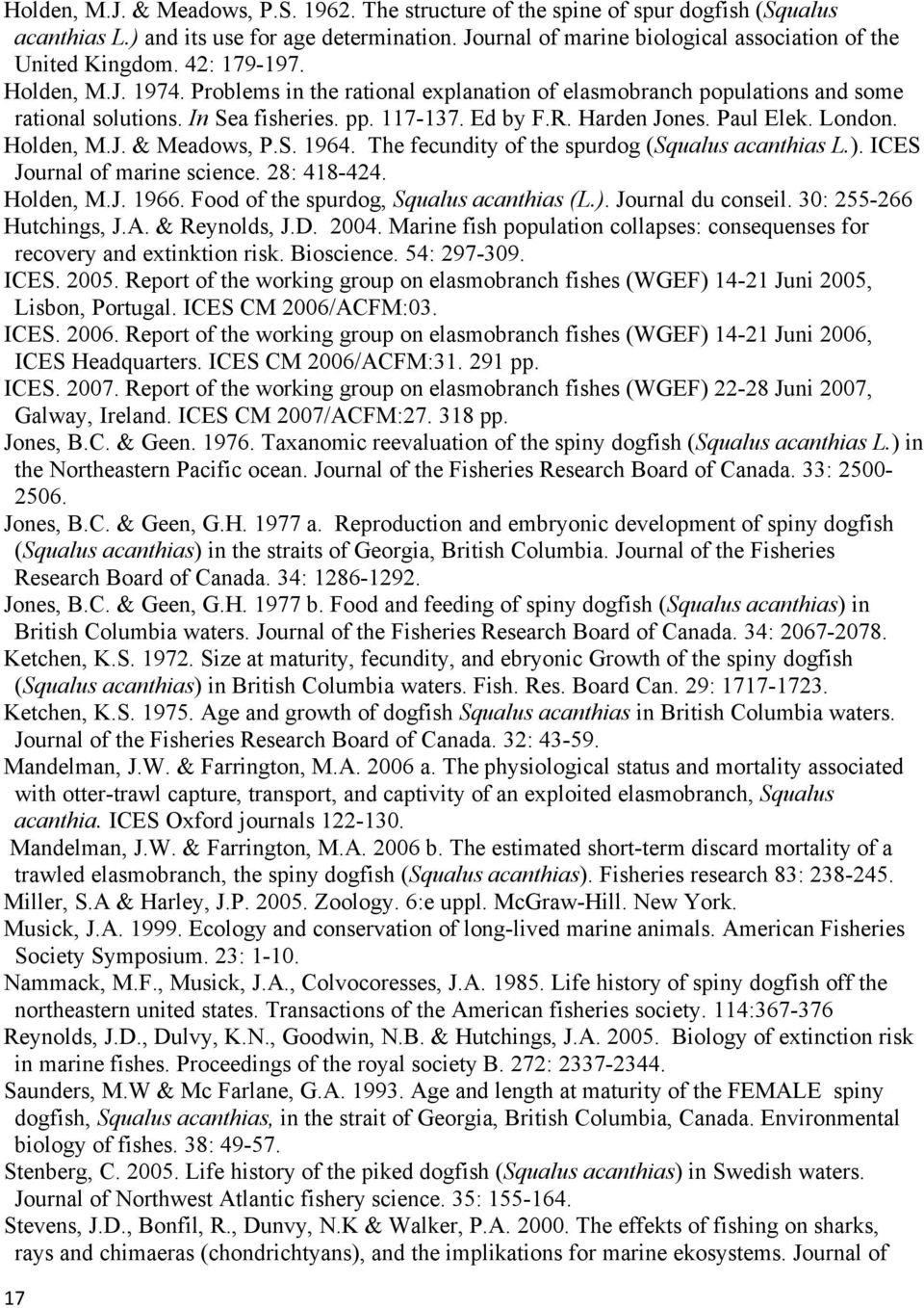 Holden, M.J. & Meadows, P.S. 1964. The fecundity of the spurdog (Squalus acanthias L.). ICES Journal of marine science. 28: 418-424. Holden, M.J. 1966. Food of the spurdog, Squalus acanthias (L.). Journal du conseil.