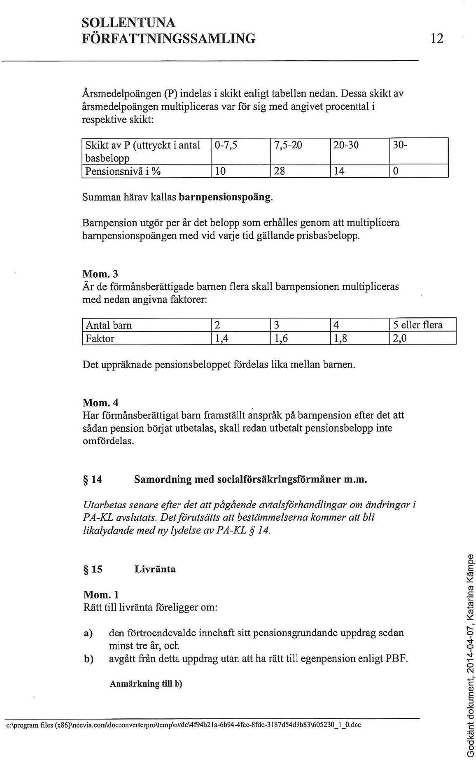 härav kallas barnpensionspoäng. Barnpension utgör per år det belopp som erhålles genom att multiplicera barnpensionspoängen med vid varje tid gällande prisbasbelopp. Mom.