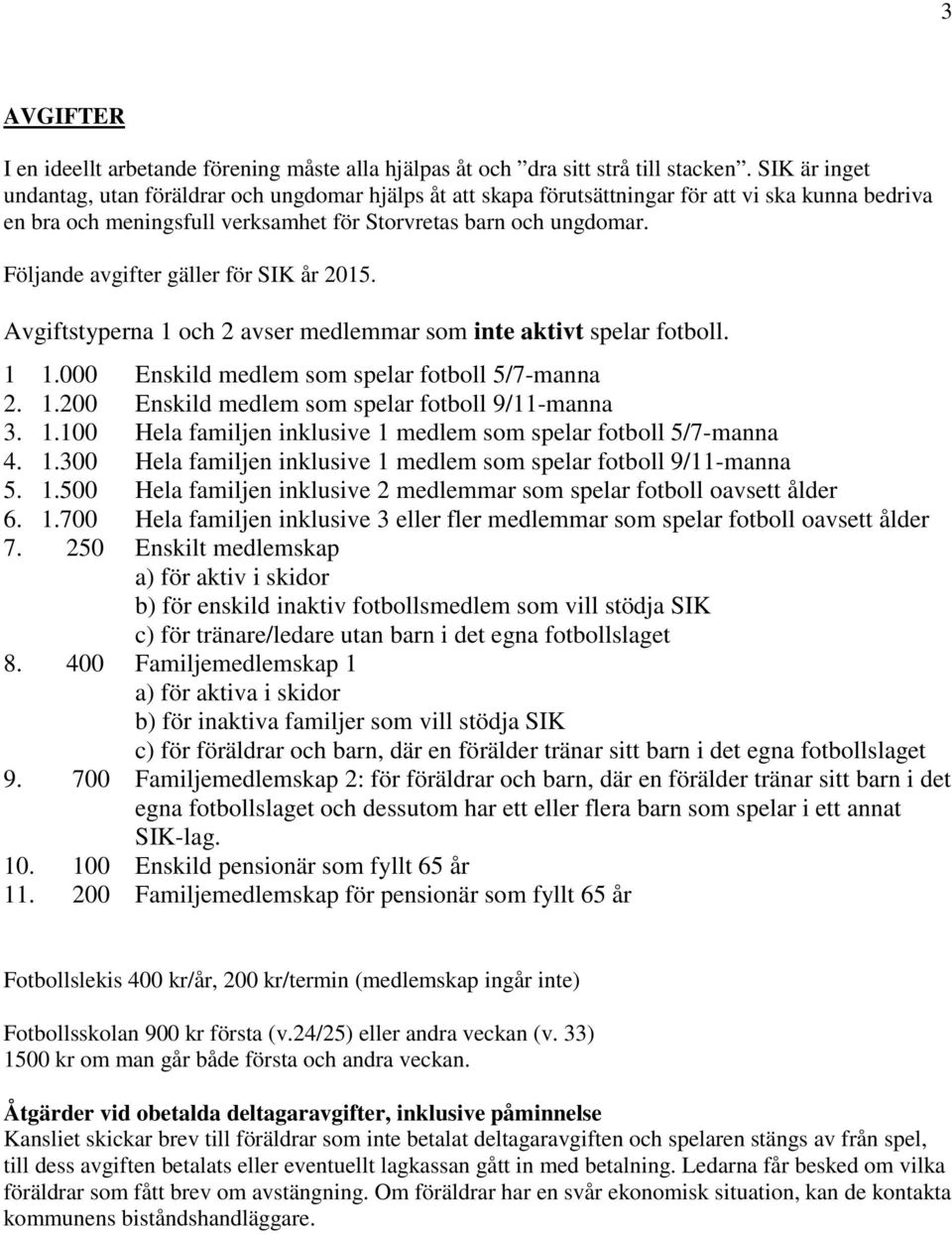 Följande avgifter gäller för SIK år 2015. Avgiftstyperna 1 och 2 avser medlemmar som inte aktivt spelar fotboll. 1 1.000 Enskild medlem som spelar fotboll 5/7-manna 2. 1.200 Enskild medlem som spelar fotboll 9/11-manna 3.