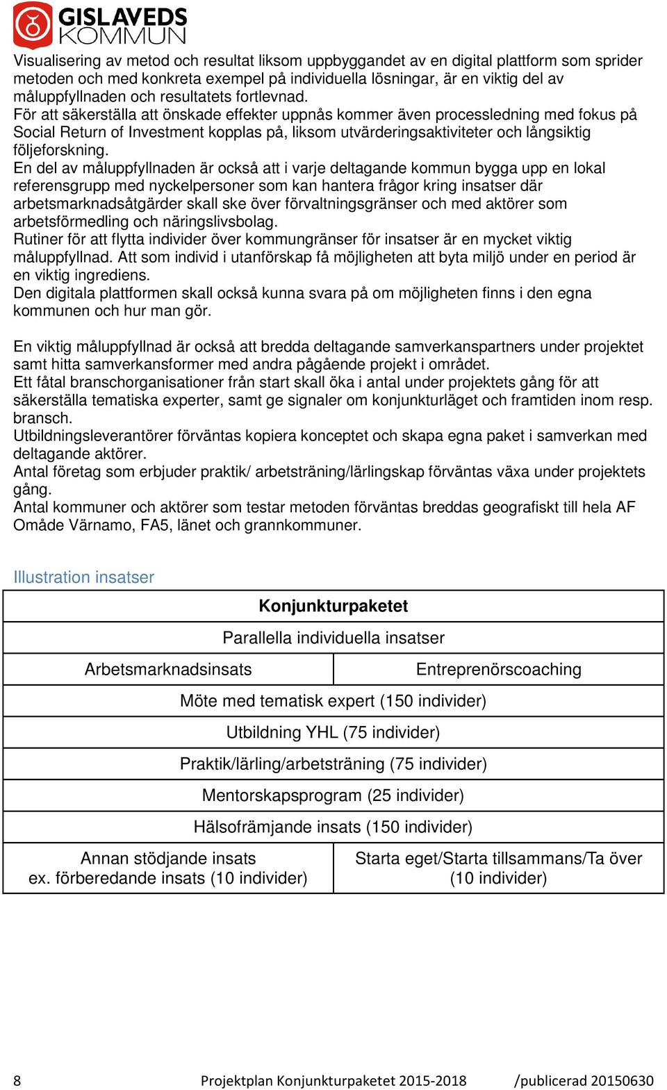 För att säkerställa att önskade effekter uppnås kommer även processledning med fokus på Social Return of Investment kopplas på, liksom utvärderingsaktiviteter och långsiktig följeforskning.