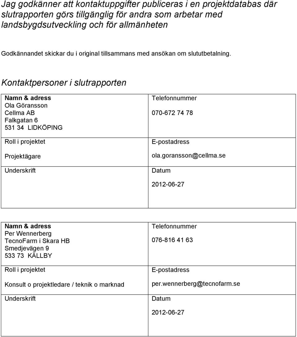 Kontaktpersoner i slutrapporten Namn & adress Ola Göransson Cellma AB Falkgatan 6 531 34 LIDKÖPING Roll i projektet Projektägare Underskrift Telefonnummer 070-672 74 78