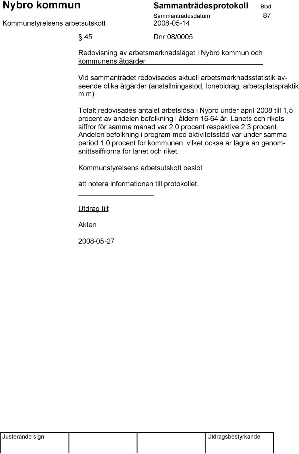 Totalt redovisades antalet arbetslösa i Nybro under april 2008 till 1,5 procent av andelen befolkning i åldern 16-64 år.