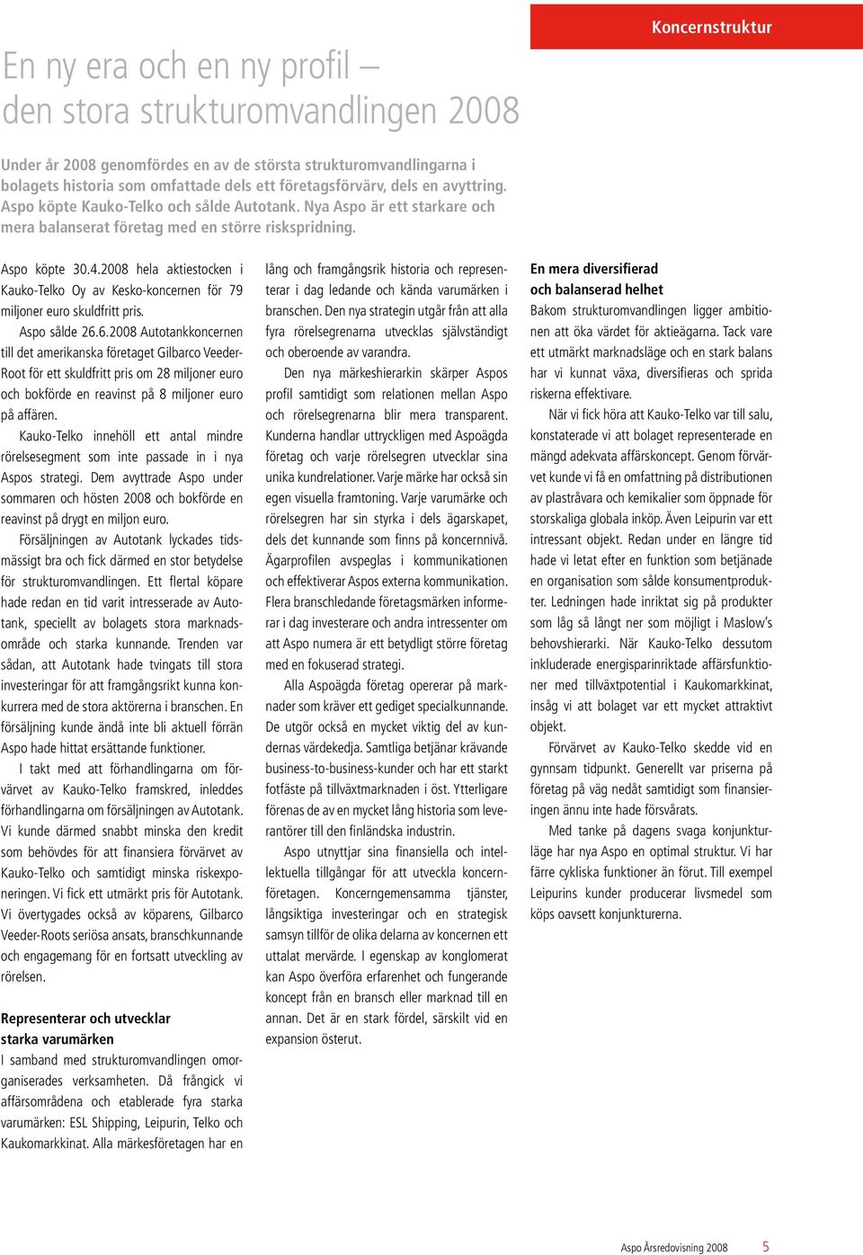 2008 hela aktiestocken i Kauko-Telko Oy av Kesko-koncernen för 79 miljoner euro skuldfritt pris. Aspo sålde 26.