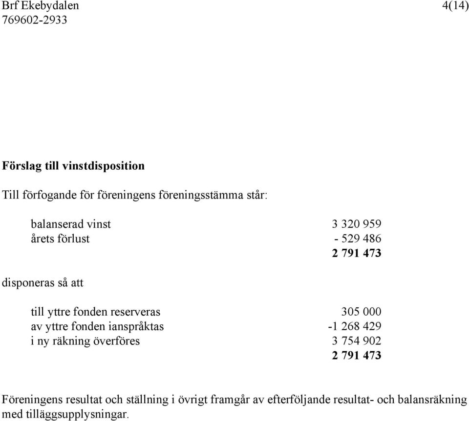 reserveras 305 000 av yttre fonden ianspråktas -1 268 429 i ny räkning överföres 3 754 902 2 791 473