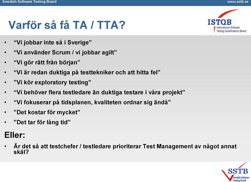 testtekniker och att hitta fel Vi kör exploratory testing Vi behöver flera testledare än duktiga testare i våra