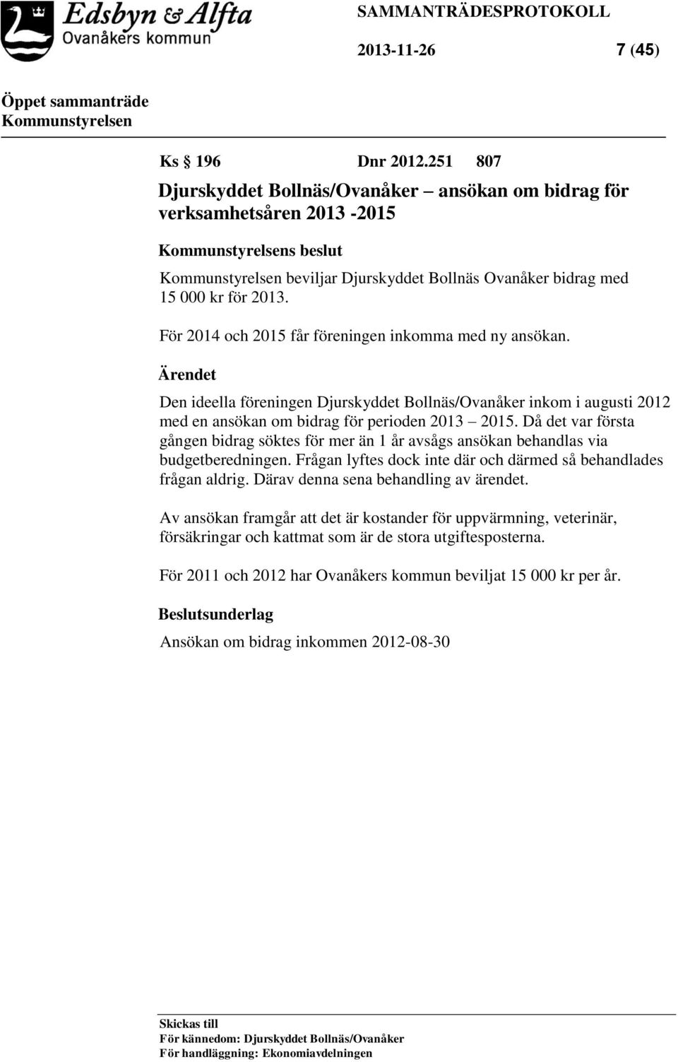 För 2014 och 2015 får föreningen inkomma med ny ansökan. Ärendet Den ideella föreningen Djurskyddet Bollnäs/Ovanåker inkom i augusti 2012 med en ansökan om bidrag för perioden 2013 2015.